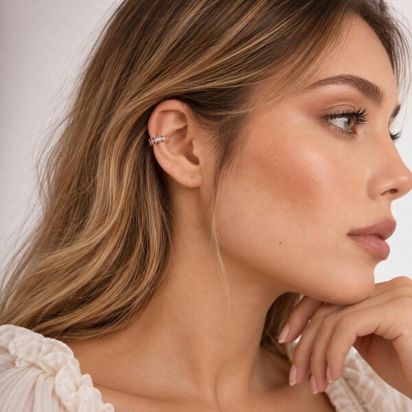 Spero London Rainbow Baguette Sterling Silver Ear Cuff