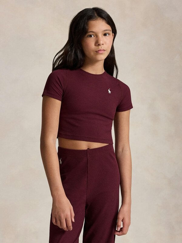 Ralph Lauren Kids Ralph Lauren Girls Rib Knit Logo T-Shirt in Red