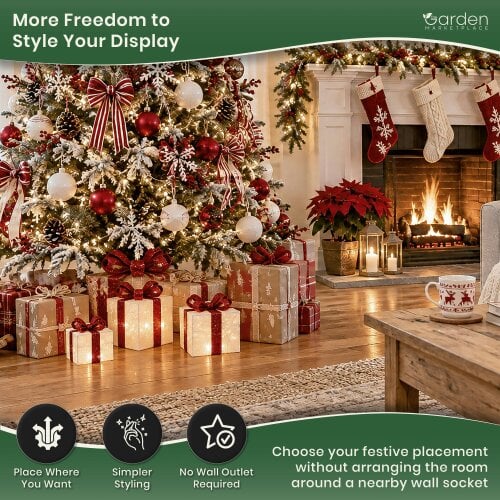 Light Up Christmas Parcels - Set of 3, White and Red with 35 White LEDs