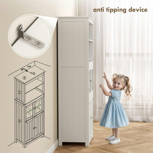 Wyld Haus Doke Wooden White 4 Door Kitchen Cupboard With Glass Panels And Adjustable Shelves