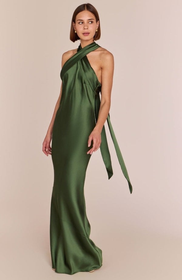 Rewritten London Roma Dress in Olive Green Satin