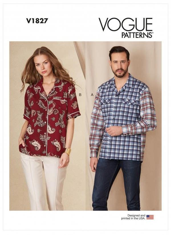 Vogue Sewing Pattern 1827, Tops, Shirts for Men, Women, A (S-M-L-XL-XXL) - Easy