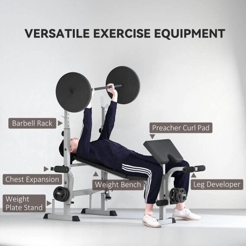 Bobobiy Adjustable Weight Bench with Squat Rack, Heavy Duty Bench Press Rack with Preacher Curl Pad, Grey