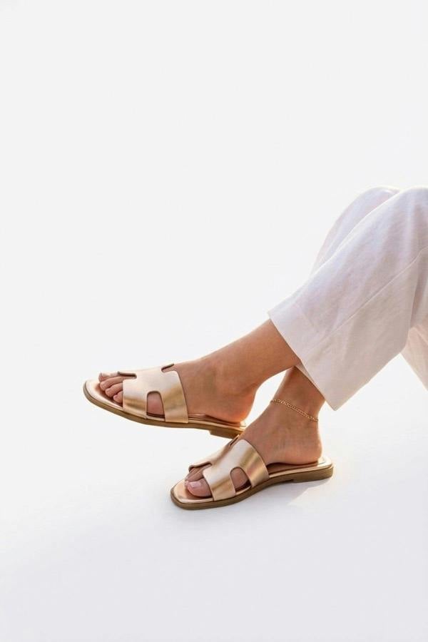 Aria Womens H-Strap Flat Slide Sandals - GOLD_wb