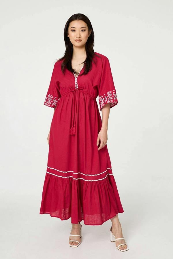 Pink | Embroidered Trim Empire Maxi Dress : Model is 5'9"/175 cm and wears UK8/EU36/US4/AUS8