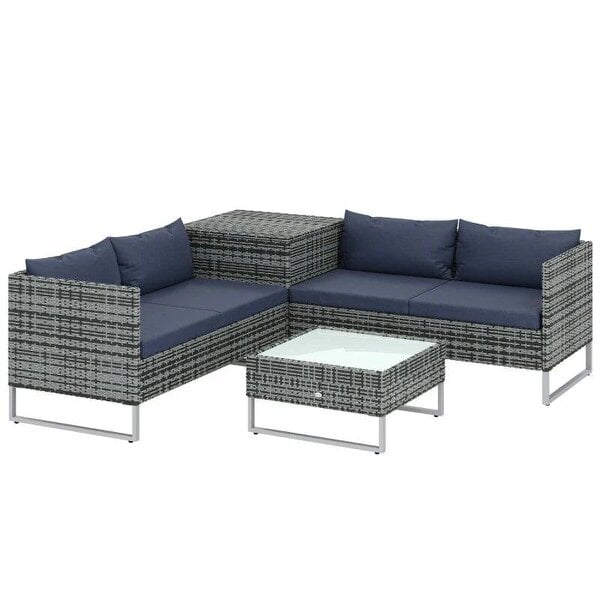 4 Piece Rattan Garden Furniture Set, Outdoor Corner Sofa Set with Storage Table, Loveseats, Cushions - Dark Blue