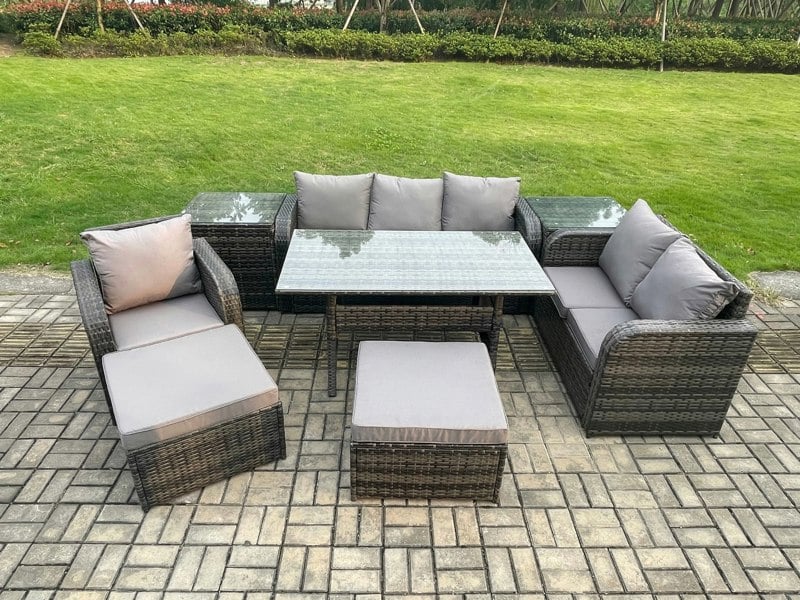 Fimous 8 Piece Rattan Garden Furniture Set with Patio Sofa Rectangular Dining Table 2 Side Tables 2 Big Footstool Indoor Conservatory Patio Set