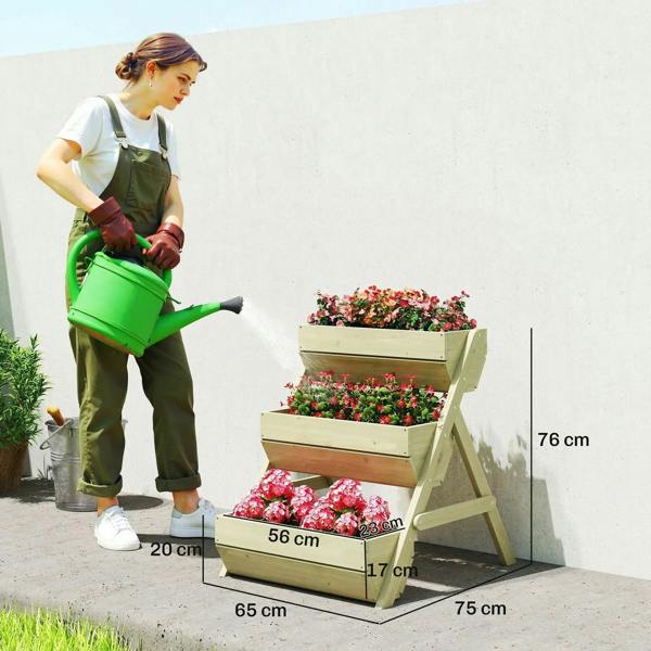 Three-tier wooden elevated planter box with size markers and flowers