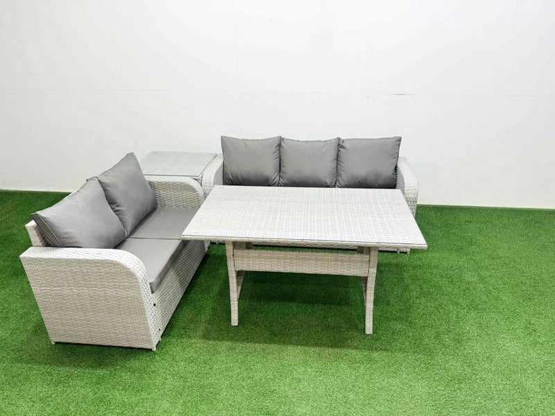 Fimous 5 Seater PE Rattan Wicker Garden Furniture Patio Conservatory Sofa Set with Rectangular Dining Table 3 Seater Sofa Love Sofa Side Table