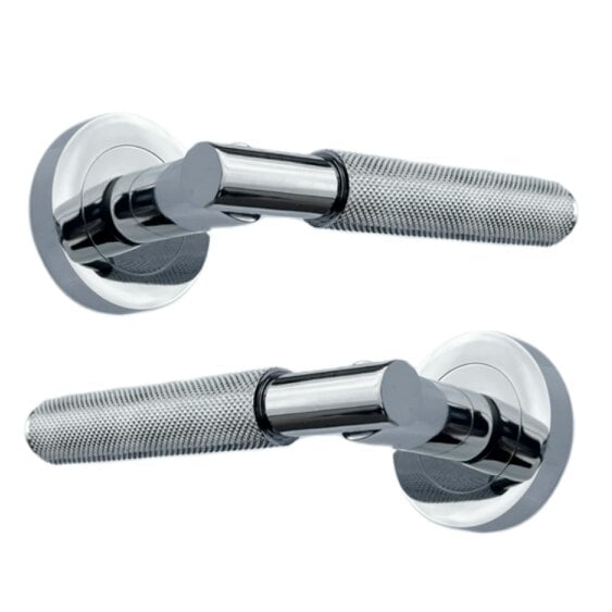 EDH Door Hardware Polished Chrome Knurled Door Handles on Round Rose – Handle Sets - Handle Only