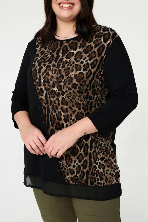Black | Curve Animal Print Asymmetric Tunic Top