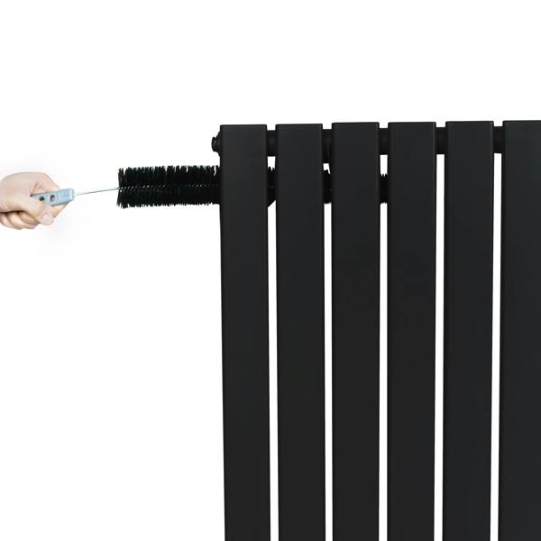 Flat black single column radiator, 600 x 910mm, showcasing sleek design with a hand adjusting the valve for temperature control