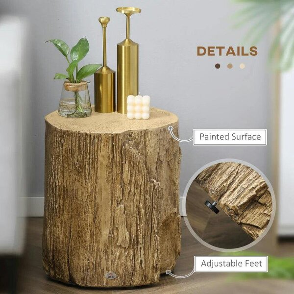 Bobobiy Tree Stump End Table, Round Concrete Side Table for Indoor and Outdoor Use, Natural Wood Effect