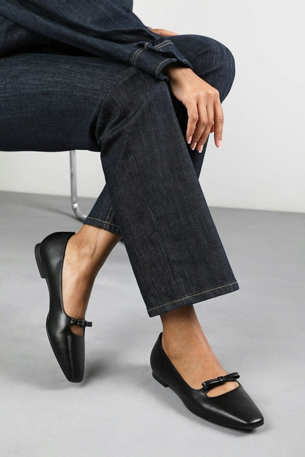 Where's That From Hope Wide Fit Square Toe Ballet Flats With Knot Bow In Black Faux Leather