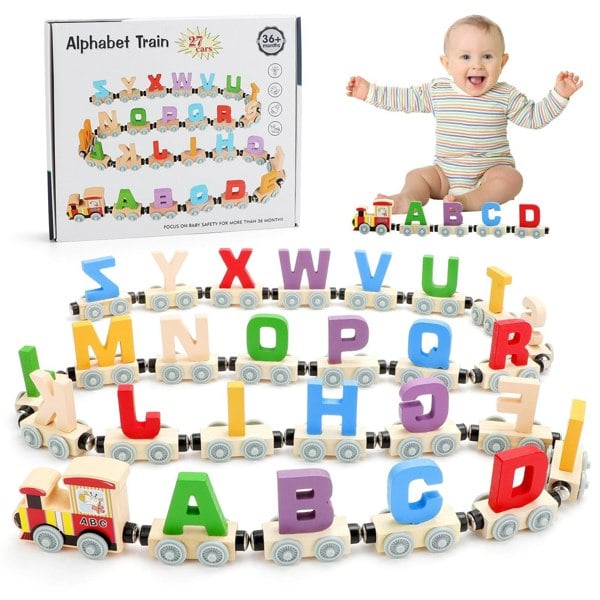 deAO Toys Wooden Alphabet Train Set – 27PCS Magnetic Train Cars A–Z, Montessori Educational Toy for Toddlers 3+, Early Learning & STEM Gift