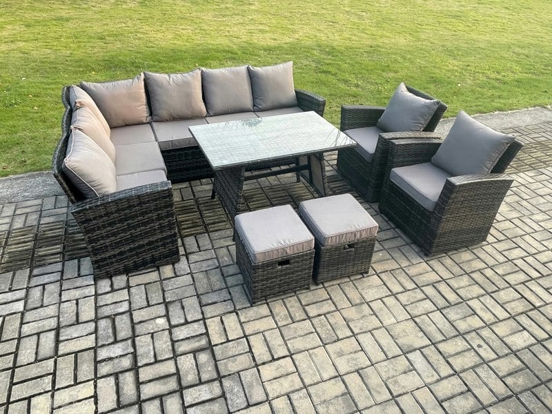 Fimous 10-Seater Dark Grey Rattan High Back Corner Sofa Dining Set | Armchairs, 2 Footstools | Left Corner