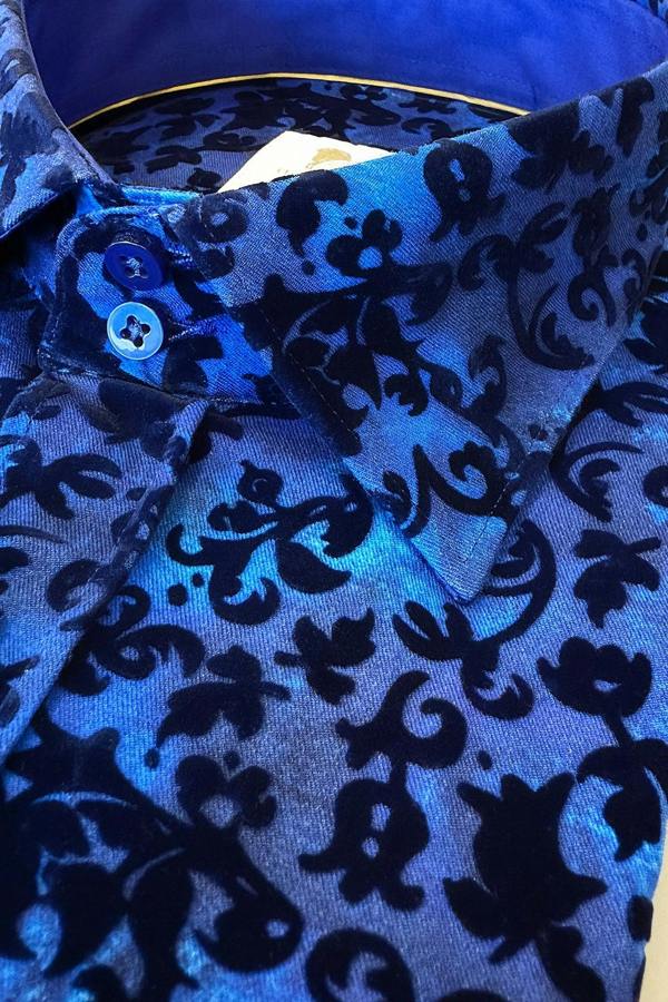 FLORAL FLOCKING SHIRT ON VIBRANT ELECTRIC BLUE TENCEL BASE - Claudio Lugli Shirts