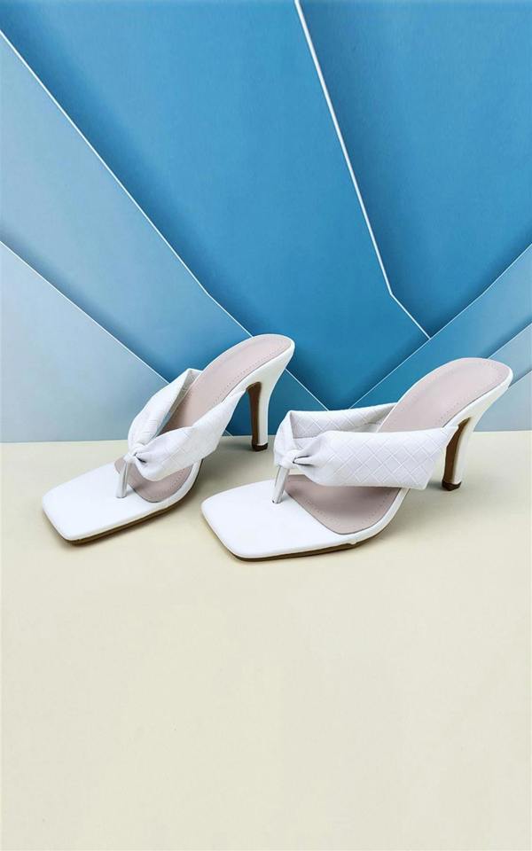 FS Collection Woven Pattern Knot Toe Thong High Heeled Mule Sandal In White