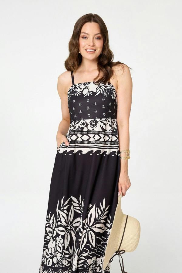 Black | Border Print Sleeveless Cami Midi Dress