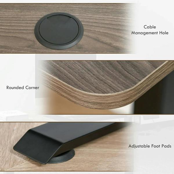 Standing desk top details: round cable management hole, rounded corner, adjustable foot pads