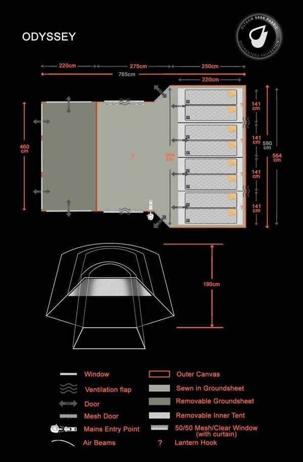 An info graphic depicting the dimensions of the Odyssey  Breeze® Inflatable 8 Berth Tent from OLPRO.