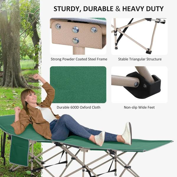 Green heavy-duty folding cot with powder-coated steel frame and wide non-slip feet
