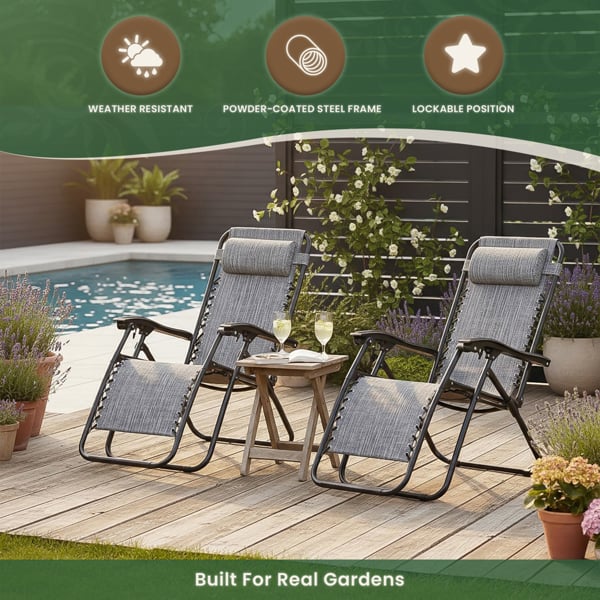 Padded Anti-Gravity Recliner Garden Chairs Grey 2pc