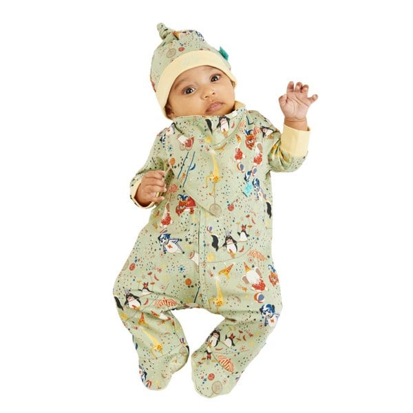 Luca and Rosa Showman Print Green & Yellow Baby Grow