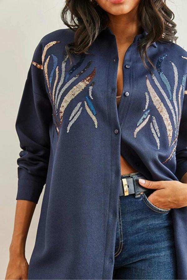 Hoxton Gal Sequin-Embellished Wool-Effect Oversized Winter Shirt