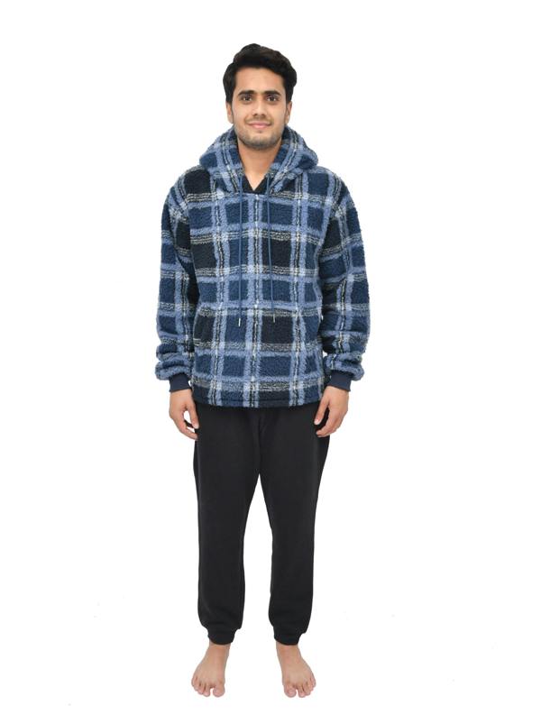 Smart Living Mens Check Fleece Teddy Borg Hoodie - Navy