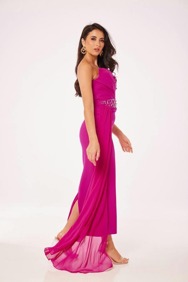 LuvForever Fuschia Strapless Jewelled Drape Midi Dress