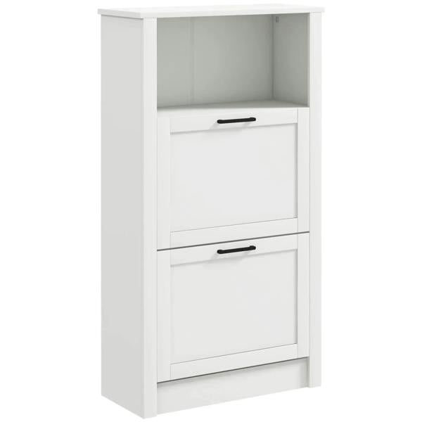 White shoe cabinet with open upper compartment and two flip drawers