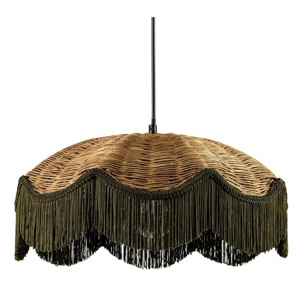 Woven Rattan Pendant Ceiling Shade with Forest Green Trim and Tassels Image 1