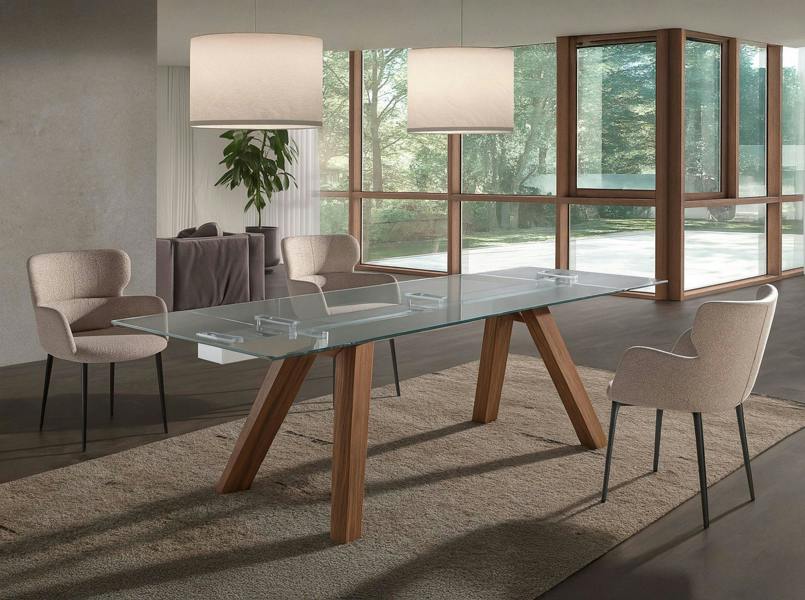 Angel Cerdá Rectangular tempered glass and walnut extending dining table 1123