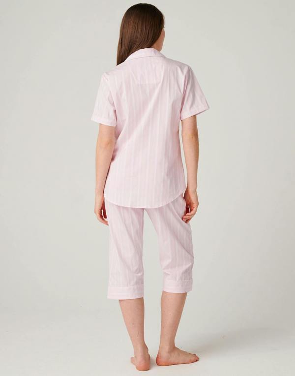 British Boxers Women's Cotton 3/4 Length Pyjama Set – Shell Pink Satin Stripe