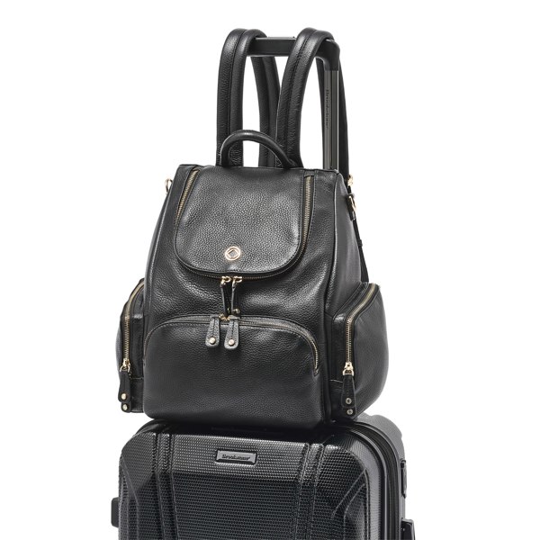 midi black leather ladies travel backpack and cabin bag  on top trolley