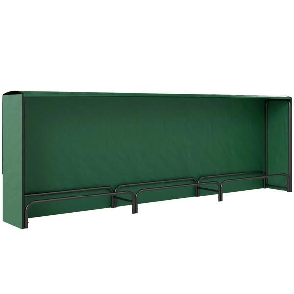 Dark green metal firewood rack with waterproof cover and raised log guard