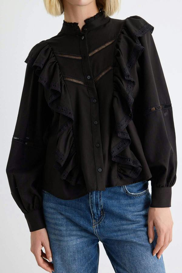 WOVCOR Ruffle Detail Boho Long Sleeve Shirt