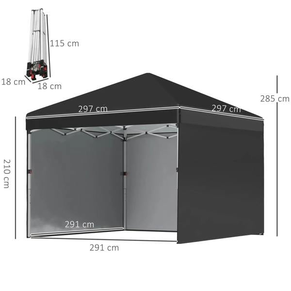 Black 3x3 pop up gazebo tent diagram with sidewalls and roof dimensions, 291 cm wide