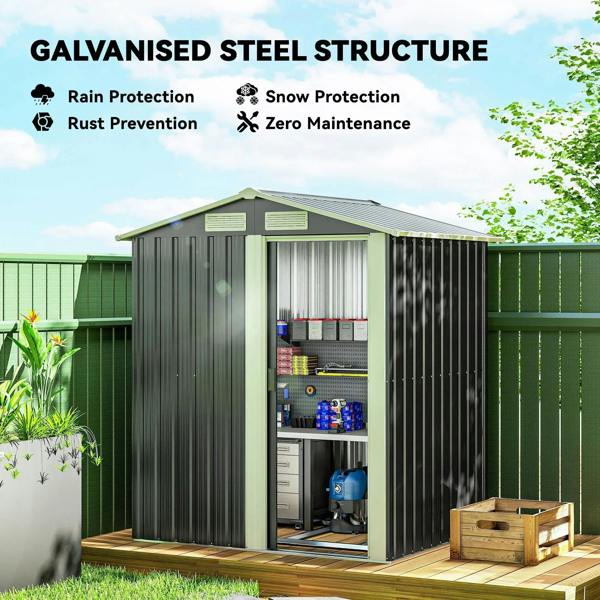 Grey metal tool shed with open sliding door, visible shelves and stored items