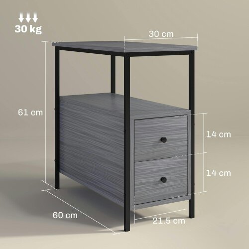 Wyld Haus Loto Wooden Grey Wood Effect Narrow Bedside Table With 2 Drawers And Top Shelf