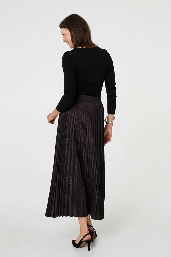 Black | Sparkly Pleated High Waist Maxi Skirt
