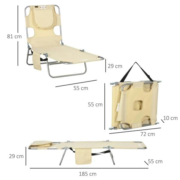 Beige folding sun lounger with arm slots, reading hole pillow, and side pocket (size view)
