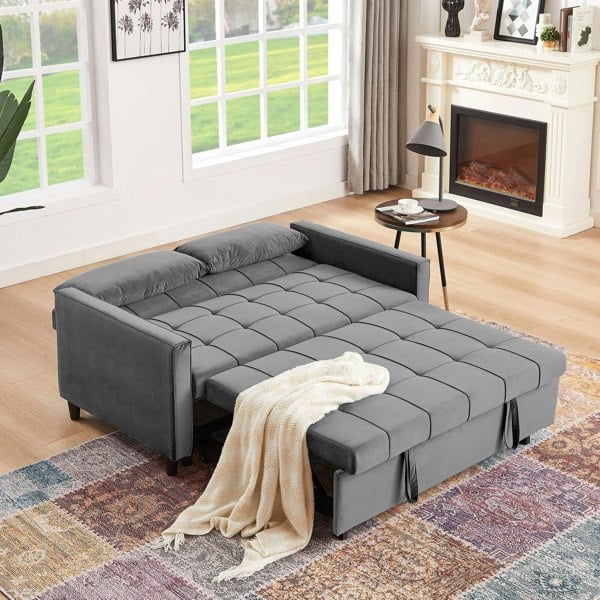 Furniture One Sofa Bed Double, Convertible 3 in 1 Pull Out Velvet Sofa Bed, Multi-Function Folding Ottoman