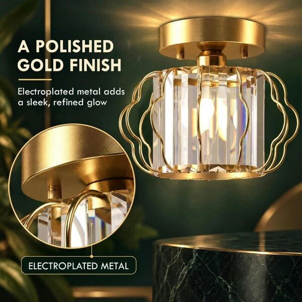 Crystal Ceiling Light Fixtures, Modern Semi-Flush Ceiling Lighting with Crystal Strips, 2 Pack, Gold Tone