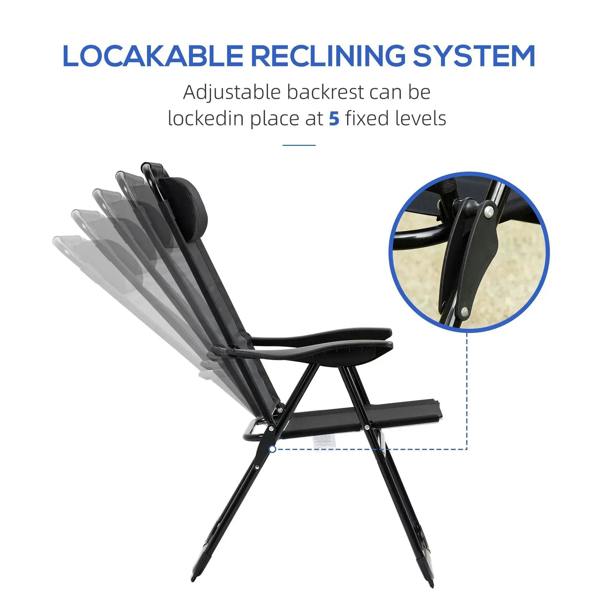 Black folding recliner patio chair with adjustable backrest at multiple locked recline levels