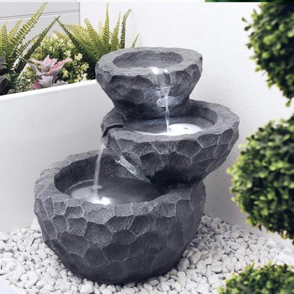 Gardenwize Solar Powered Three-Tiered Rock Water Feature with Battery Backup
