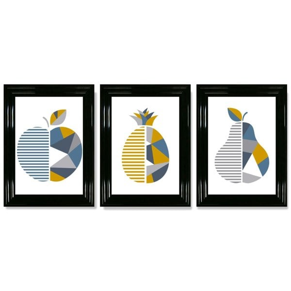Artze Wall Art Set of 3 Blue & Yellow Geometric Fruit Framed Prints