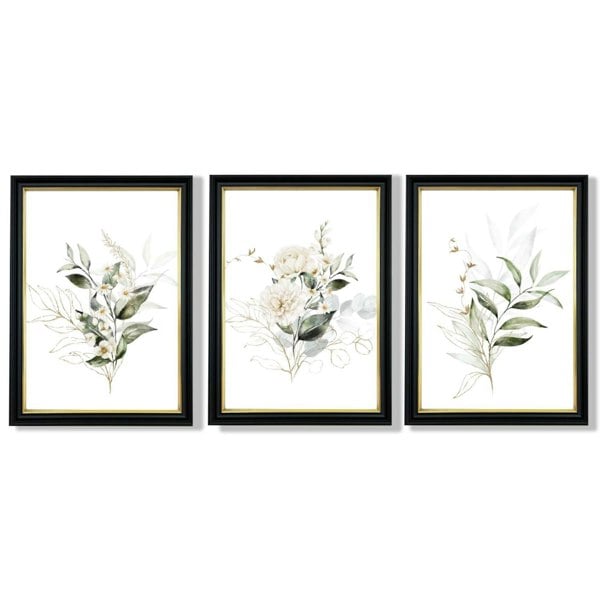 White an Green Floral Bouquets Set of 3 Framed Art Prints with Vermeer Black and Gold Frames