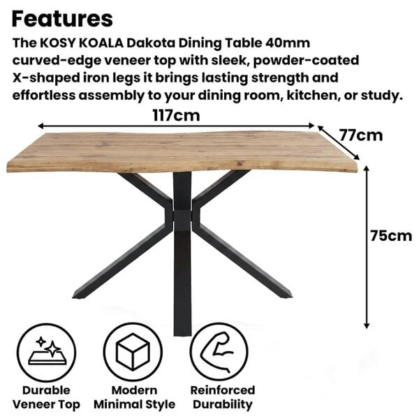 Kosy Koala Rustic Wood-Effect Wavy X Shaped Legs Dining Table Set with 4 Grey Velvet Chairs